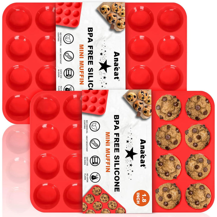 Anaeat Silicone Muffin Pan Set - Mini 24 Cups Cupcake Tray, Non - Stick Silicone Baking Molds for Making Muffin Cakes, Cupcake, Chocolate, Bread,Tart and Desserts, Just Pop Out (2 Pack) - Just Closeouts Canada Inc.