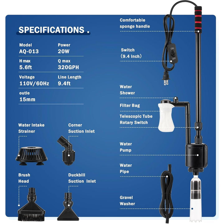 AQQA Aquarium Gravel Cleaner Siphon Kit,6 in 1 Electric Automatic Removable Vacuum Water Changer?Multifunction Wash Sand Suck The Stool Filter 110V/ 20W 320GPH (20W 320GPH) - Just Closeouts Canada Inc.