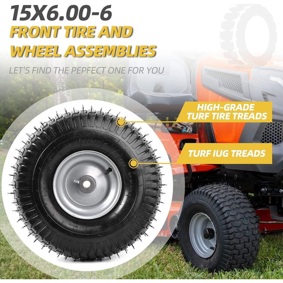 AR - PRO (2 - Pack) 15 x 6.00 - 6 Tire and Wheel Assembly, Replacement Pneumatic Front Lawn Mower Tires for Riding Mower, 3" Offset Hub and 3/4" Bushings, 4Ply, 500 lbs Capacity - Just Closeouts Canada Inc.