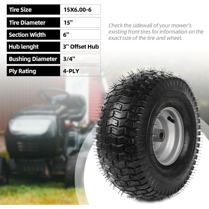 AR - PRO (2 - Pack) 15 x 6.00 - 6 Tire and Wheel Assembly, Replacement Pneumatic Front Lawn Mower Tires for Riding Mower, 3" Offset Hub and 3/4" Bushings, 4Ply, 500 lbs Capacity - Just Closeouts Canada Inc.