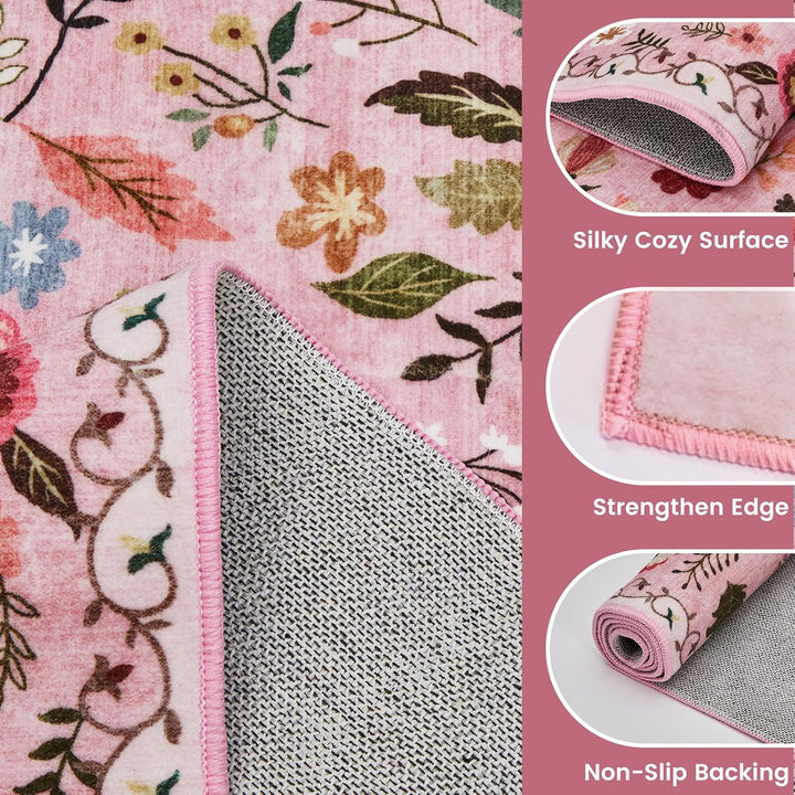 Area Rugs 5x7 for Living Room, Ultra Thin Floral Rug for Bedrooms Shag Non - Slip Soft Washable Indoor, Carpet Boho Low - Pile for Nursery, Dining Room, Office, Farmhouse(Pink) - Just Closeouts Canada Inc.