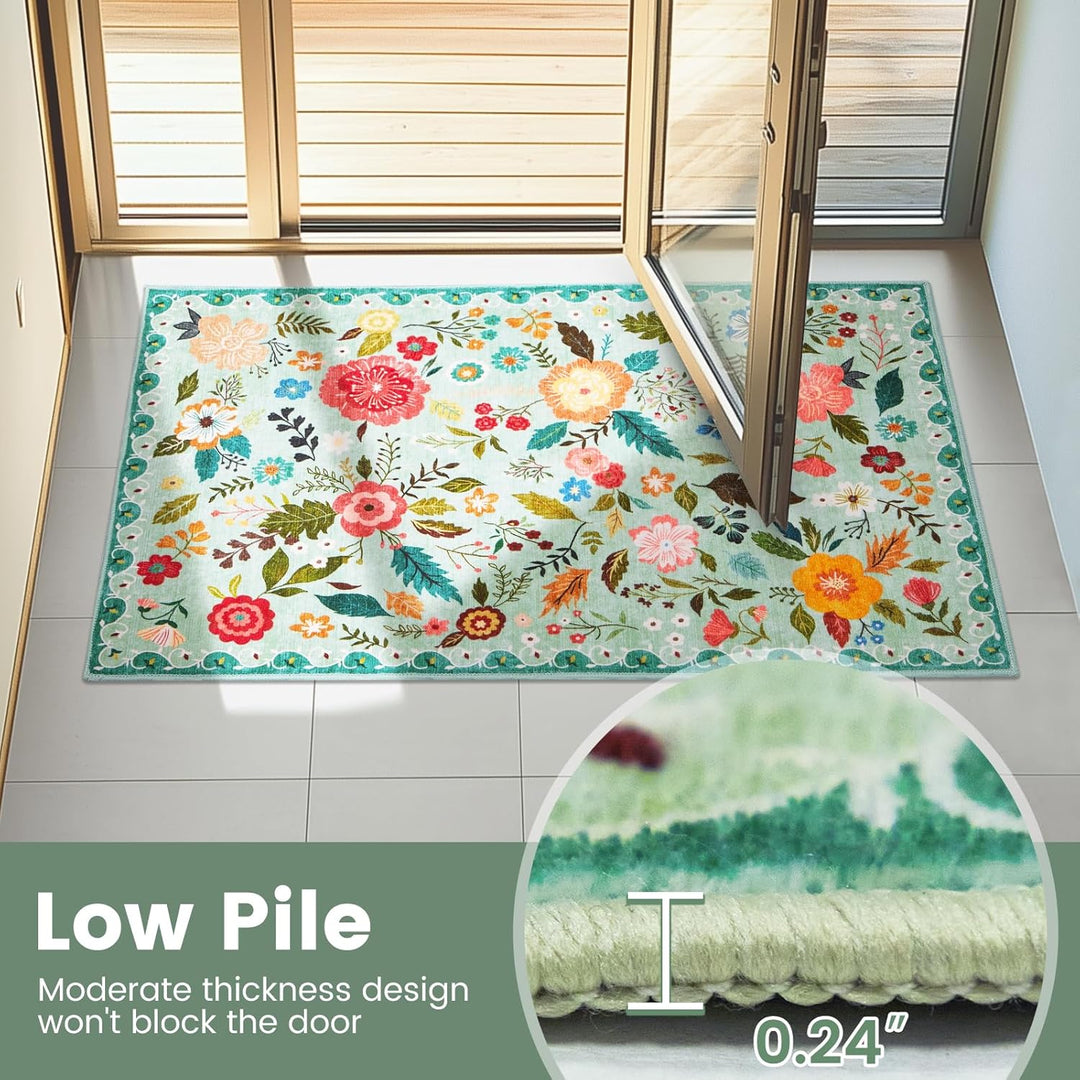 Area Rugs 5x7 for Living Room, Ultra Thin Floral Rug for Bedrooms Shag Non - Slip Soft Washable Indoor, Carpet Boho Low - Pile for Nursery, Dining Room, Office, Farmhouse(Green) - Just Closeouts Canada Inc.