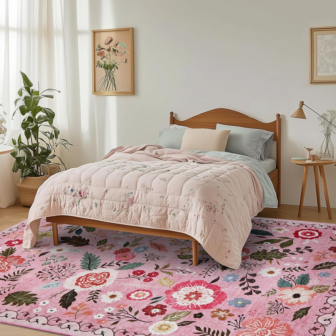 Area Rugs 5x7 for Living Room, Ultra Thin Floral Rug for Bedrooms Shag Non - Slip Soft Washable Indoor, Carpet Boho Low - Pile for Nursery, Dining Room, Office, Farmhouse(Pink) - Just Closeouts Canada Inc.
