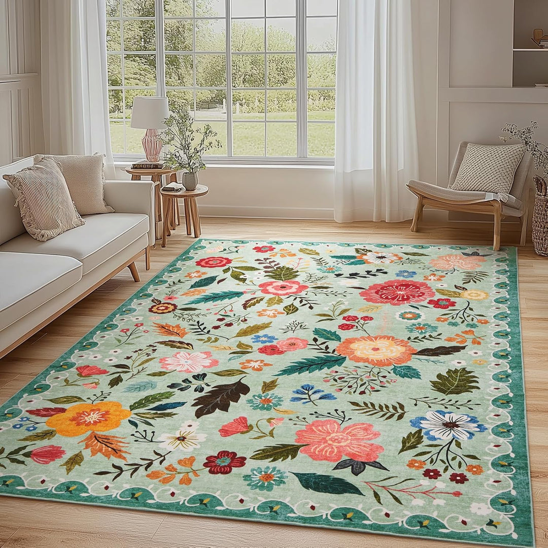 Area Rugs 5x7 for Living Room, Ultra Thin Floral Rug for Bedrooms Shag Non - Slip Soft Washable Indoor, Carpet Boho Low - Pile for Nursery, Dining Room, Office, Farmhouse(Green) - Just Closeouts Canada Inc.