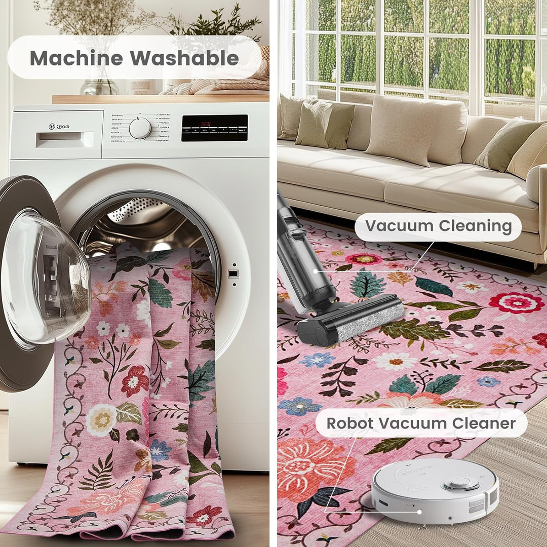 Area Rugs 5x7 for Living Room, Ultra Thin Floral Rug for Bedrooms Shag Non - Slip Soft Washable Indoor, Carpet Boho Low - Pile for Nursery, Dining Room, Office, Farmhouse(Pink) - Just Closeouts Canada Inc.