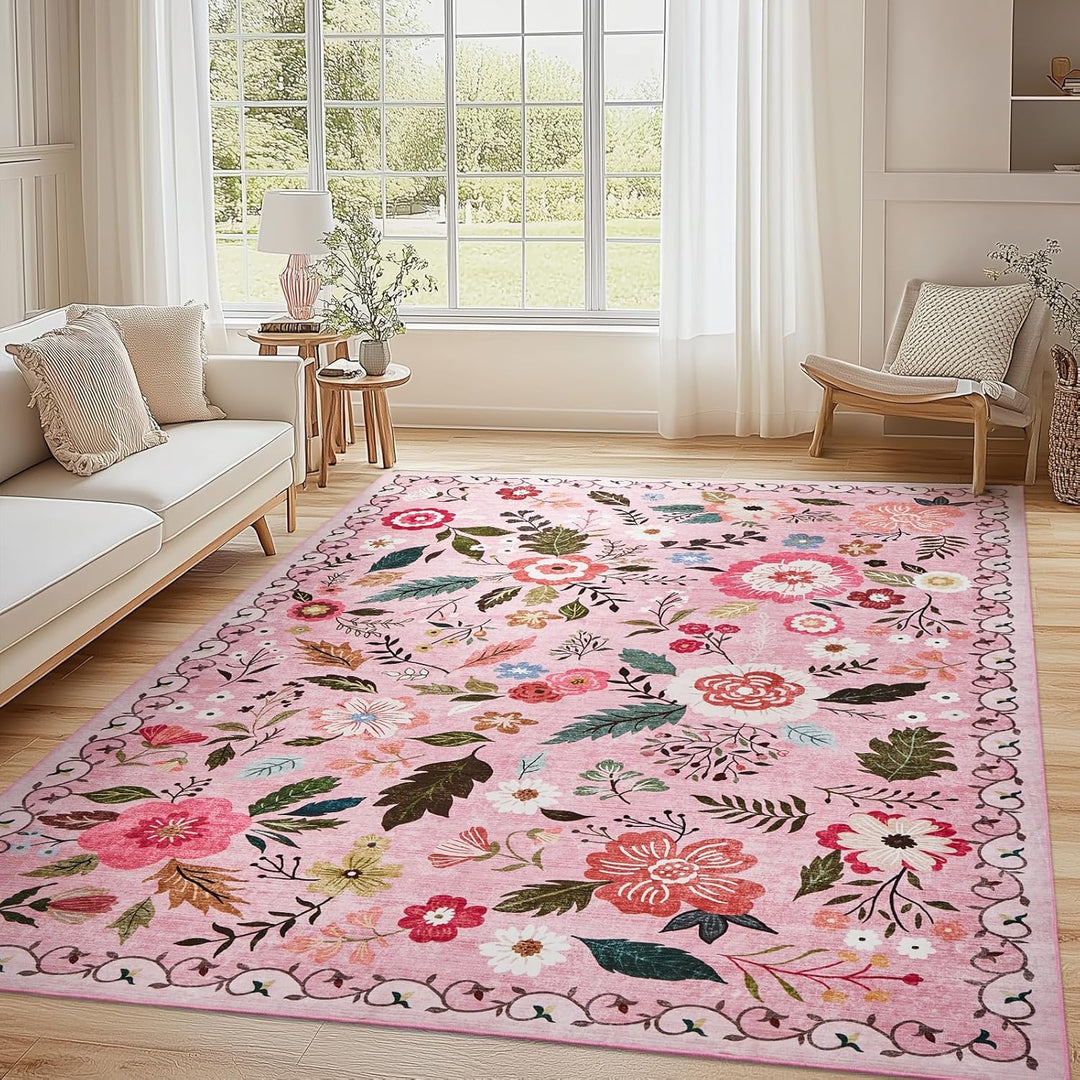 Area Rugs 5x7 for Living Room, Ultra Thin Floral Rug for Bedrooms Shag Non - Slip Soft Washable Indoor, Carpet Boho Low - Pile for Nursery, Dining Room, Office, Farmhouse(Pink) - Just Closeouts Canada Inc.