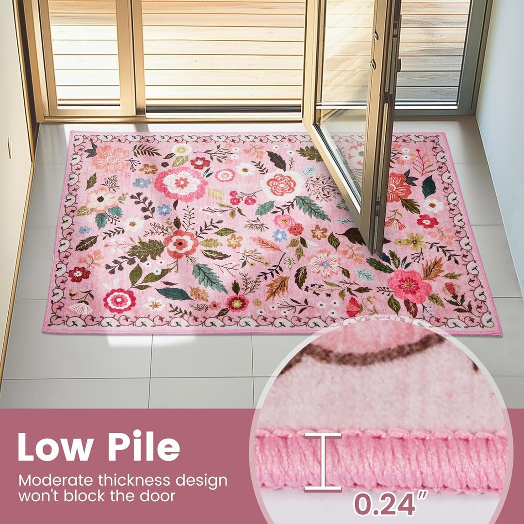 Area Rugs 5x7 for Living Room, Ultra Thin Floral Rug for Bedrooms Shag Non - Slip Soft Washable Indoor, Carpet Boho Low - Pile for Nursery, Dining Room, Office, Farmhouse(Pink) - Just Closeouts Canada Inc.