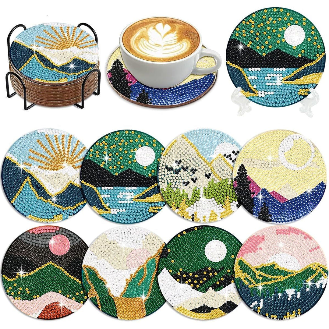 Art Diamond Painting Coasters with Holder for Adults DIY Diamond Art Kits for Beginners Adults Handicrafts Coaster Art with Stands 8 PCS (Landscape 2) - Just Closeouts Canada Inc.