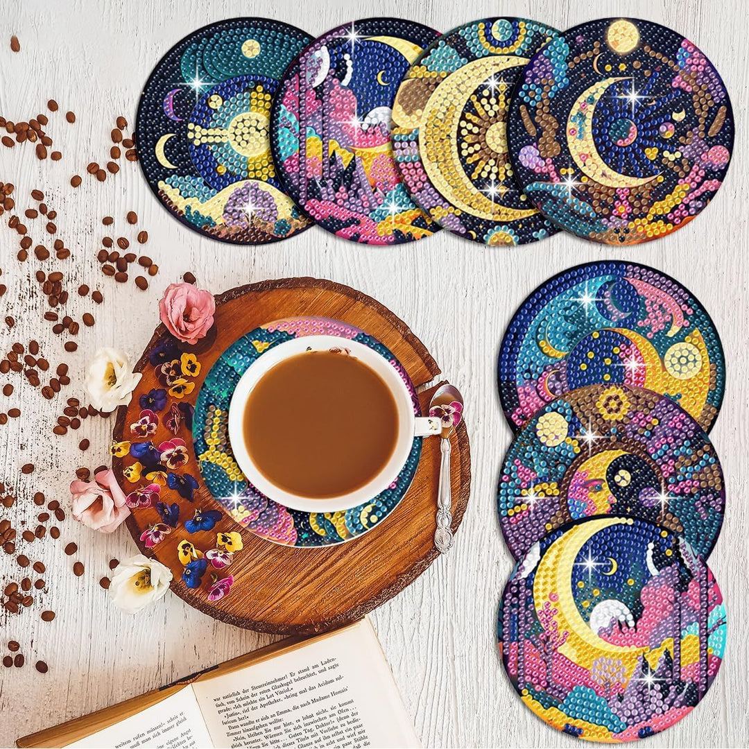 Art Mandala Diamond Painting Coasters with Holder 5D Diamond Art Kits for Beginners Stress - reducing Handicrafts for Adult DIY Coaster Art Craft Supply 8 PCS (Moon) - Just Closeouts Canada Inc.