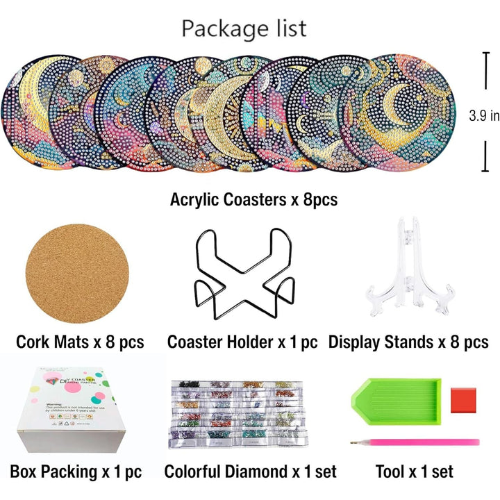 Art Mandala Diamond Painting Coasters with Holder 5D Diamond Art Kits for Beginners Stress - reducing Handicrafts for Adult DIY Coaster Art Craft Supply 8 PCS (Moon) - Just Closeouts Canada Inc.