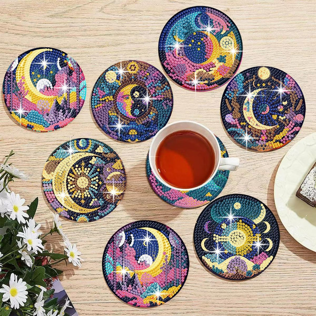 Art Mandala Diamond Painting Coasters with Holder 5D Diamond Art Kits for Beginners Stress - reducing Handicrafts for Adult DIY Coaster Art Craft Supply 8 PCS (Moon) - Just Closeouts Canada Inc.