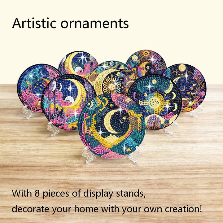 Art Mandala Diamond Painting Coasters with Holder 5D Diamond Art Kits for Beginners Stress - reducing Handicrafts for Adult DIY Coaster Art Craft Supply 8 PCS (Moon) - Just Closeouts Canada Inc.