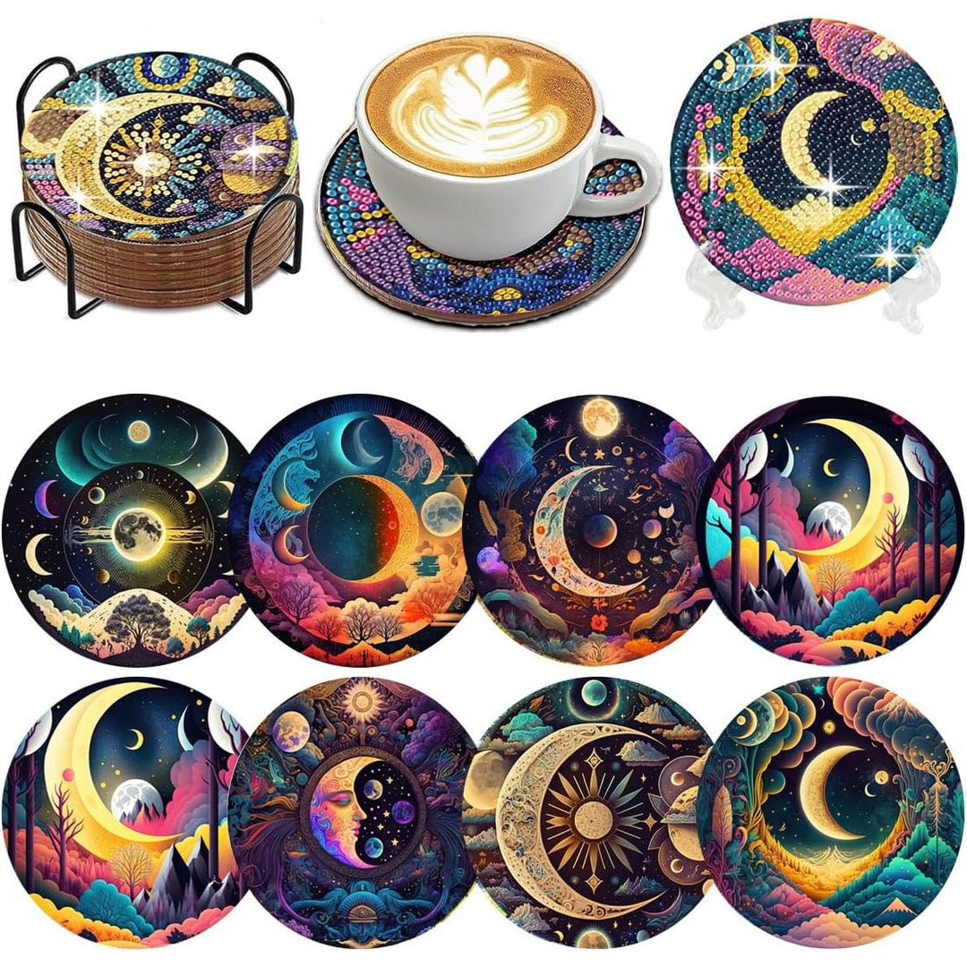 Art Mandala Diamond Painting Coasters with Holder 5D Diamond Art Kits for Beginners Stress - reducing Handicrafts for Adult DIY Coaster Art Craft Supply 8 PCS (Moon) - Just Closeouts Canada Inc.