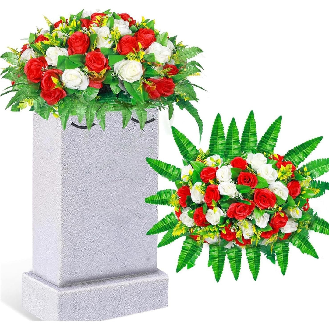 Artificial Cemetery Flowers, Artificial Silk Flower Arrangement ,Artificial Rose Bouquet Grave Memorial Flowers with Headstone Flower Saddle for Gravesite Headstones Decoration (1, Red and white) - Just Closeouts Canada Inc.