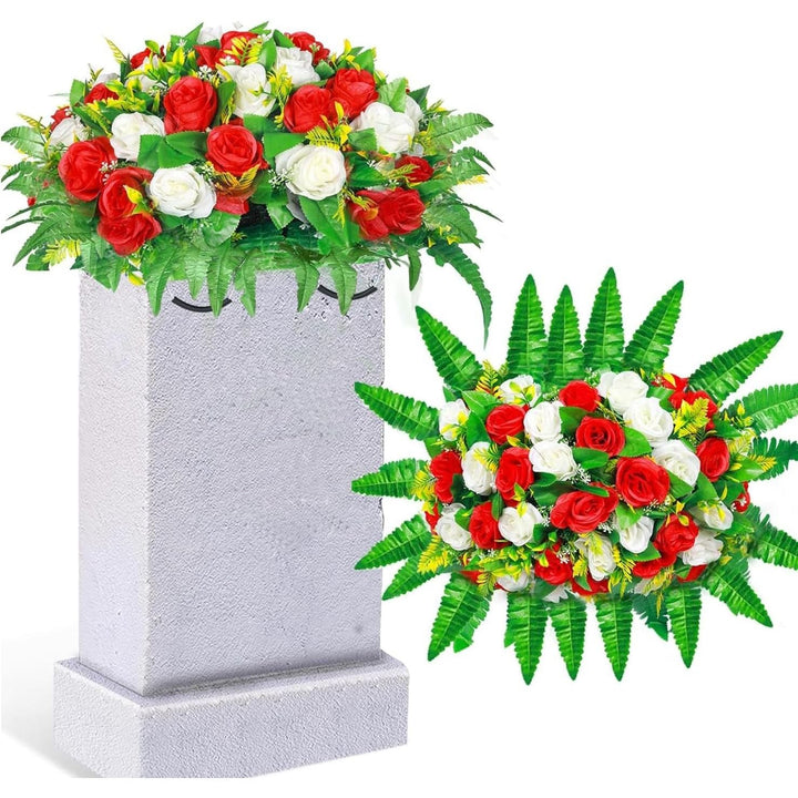 Artificial Cemetery Flowers, Artificial Silk Flower Arrangement ,Artificial Rose Bouquet Grave Memorial Flowers with Headstone Flower Saddle for Gravesite Headstones Decoration (1, Red and white) - Just Closeouts Canada Inc.