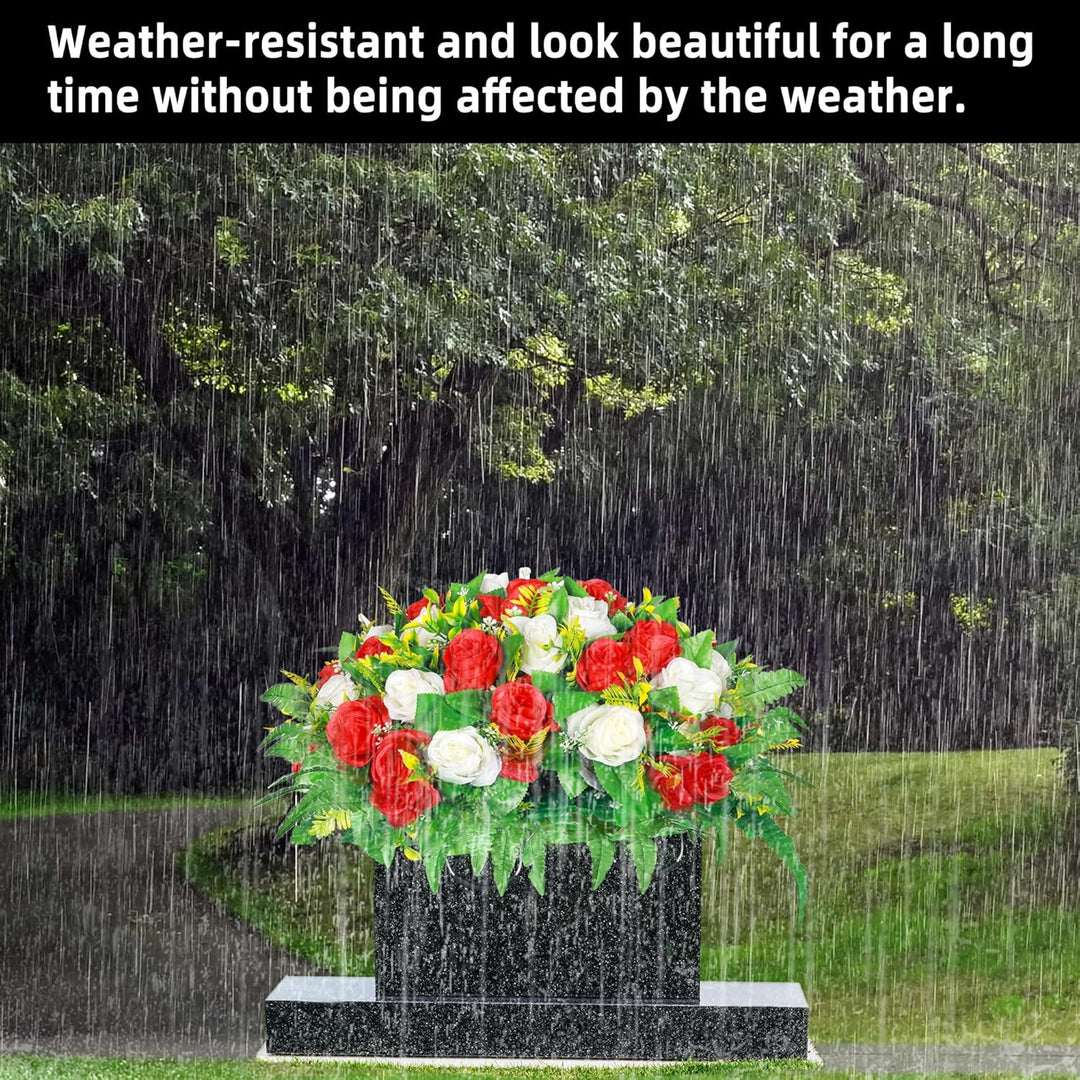 Artificial Cemetery Flowers, Artificial Silk Flower Arrangement ,Artificial Rose Bouquet Grave Memorial Flowers with Headstone Flower Saddle for Gravesite Headstones Decoration (1, Red and white) - Just Closeouts Canada Inc.