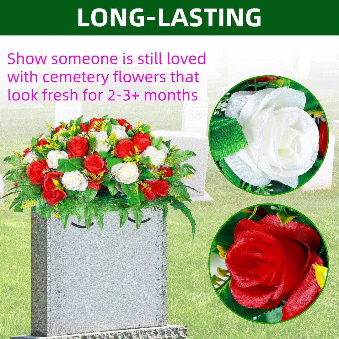 Artificial Cemetery Flowers, Artificial Silk Flower Arrangement ,Artificial Rose Bouquet Grave Memorial Flowers with Headstone Flower Saddle for Gravesite Headstones Decoration (1, Red and white) - Just Closeouts Canada Inc.