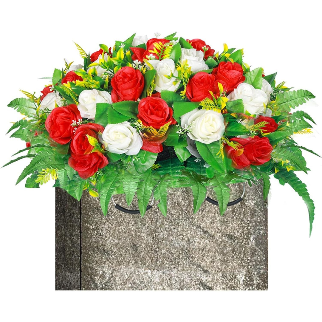Artificial Cemetery Flowers, Artificial Silk Flower Arrangement ,Artificial Rose Bouquet Grave Memorial Flowers with Headstone Flower Saddle for Gravesite Headstones Decoration (1, Red and white) - Just Closeouts Canada Inc.