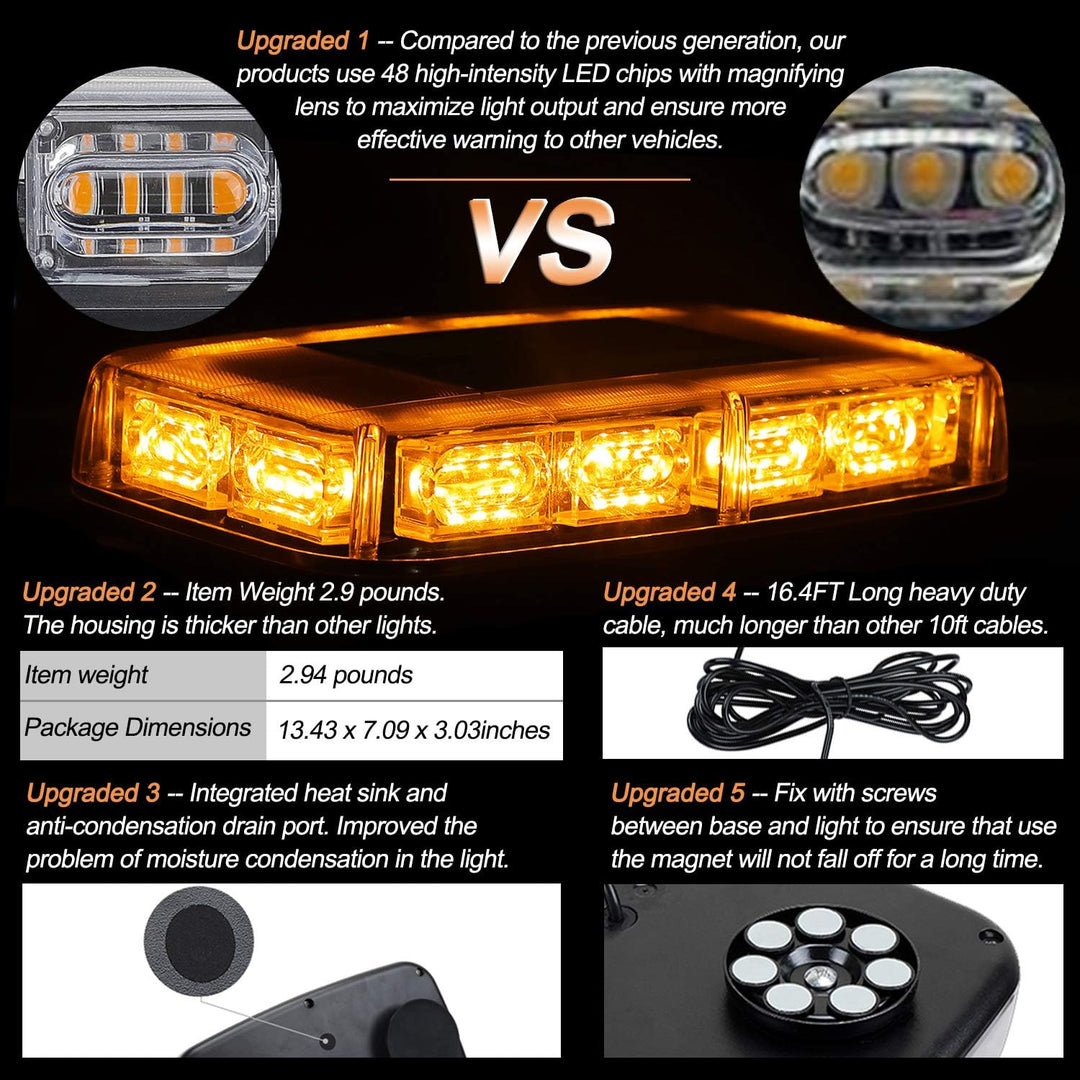 ASPL 2pcs 48LED Roof Top Strobe Lights, High Visibility Emergency Safety Warning LED Mini Strobe Light bar with Magnetic Base for 12 - 24V Snow Plow, Trucks, Construction Vehicles (Amber) - Just Closeouts Canada Inc.