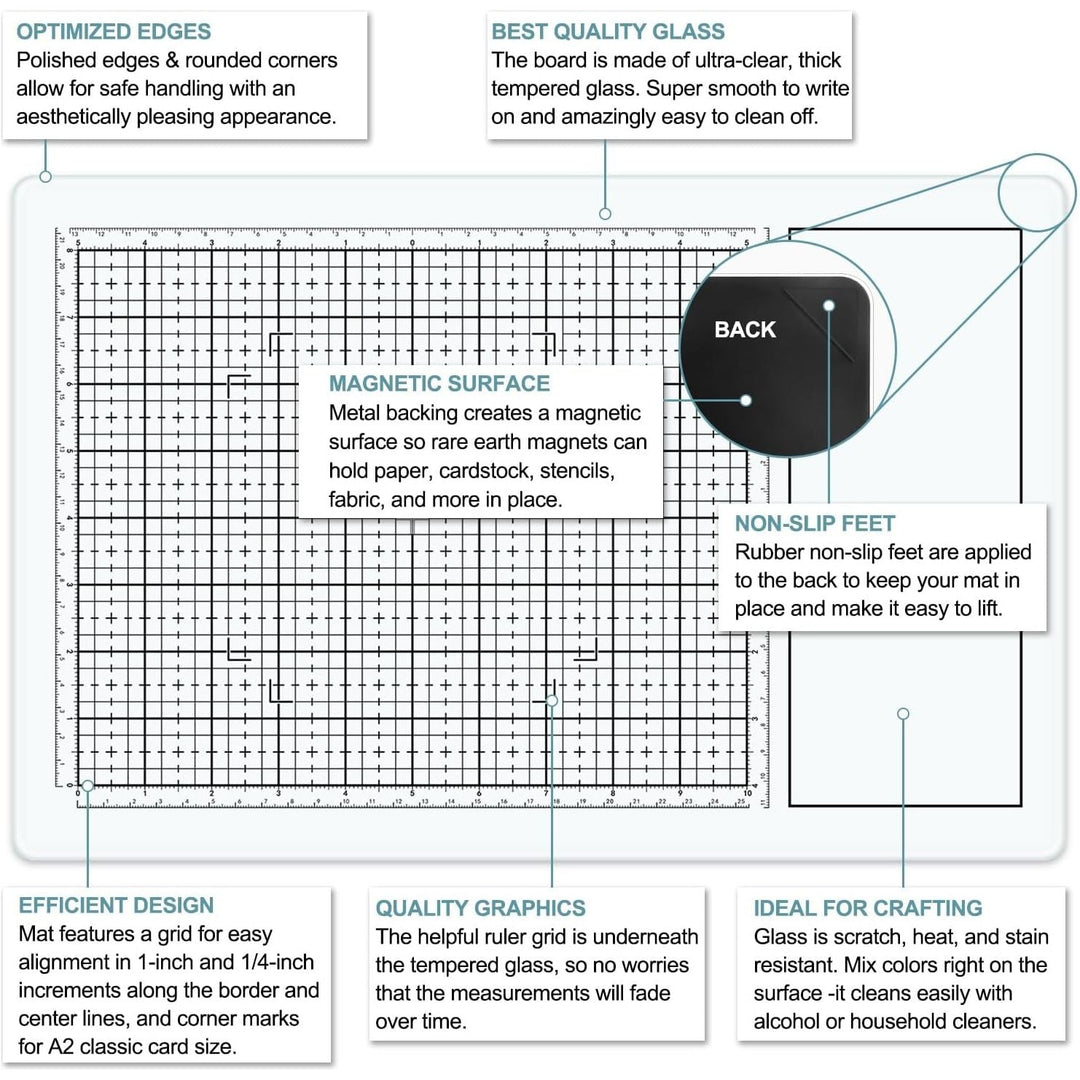 BAOFALI Magnetic Glass Craft Mat; 15.75"x10.24"Heat Resistant Glass Media Cutting Mat W/MagnetsGridlines and Measurements; for Cutting, Stamping, Mixed Media, Heat Embossing and Hot Glue Projects - Just Closeouts Canada Inc.