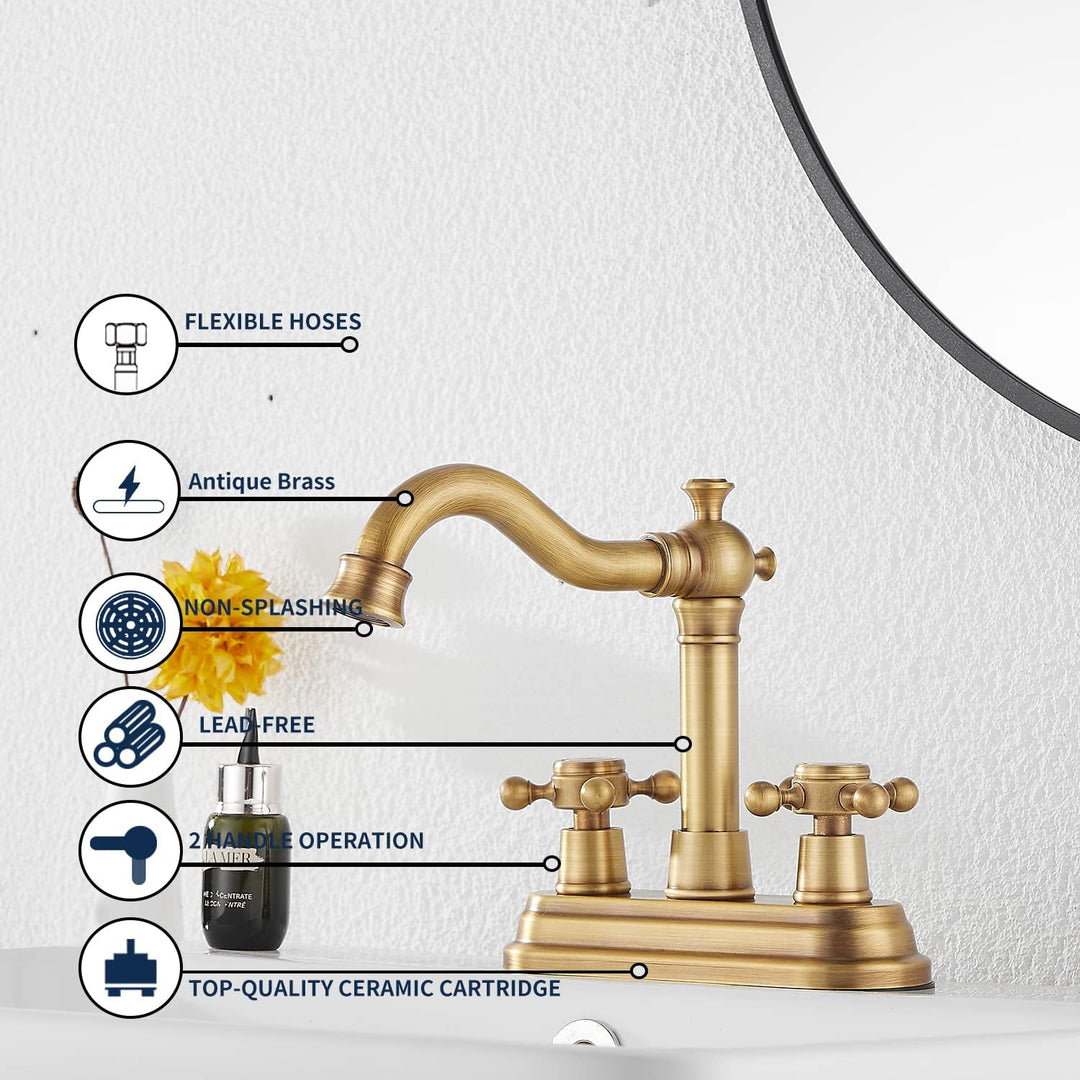 Bathroom Faucet Antique Brass GGStudy 2 Handles 4 Inches Centerset Faucet Bathroom Vanity Faucet with Drain Assembly and Supply Hose Lavatory Faucet Mixer Double Handle Tap Deck Mounted - Just Closeouts Canada Inc.