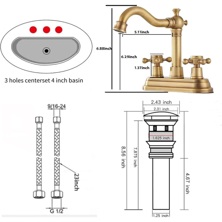 Bathroom Faucet Antique Brass GGStudy 2 Handles 4 Inches Centerset Faucet Bathroom Vanity Faucet with Drain Assembly and Supply Hose Lavatory Faucet Mixer Double Handle Tap Deck Mounted - Just Closeouts Canada Inc.