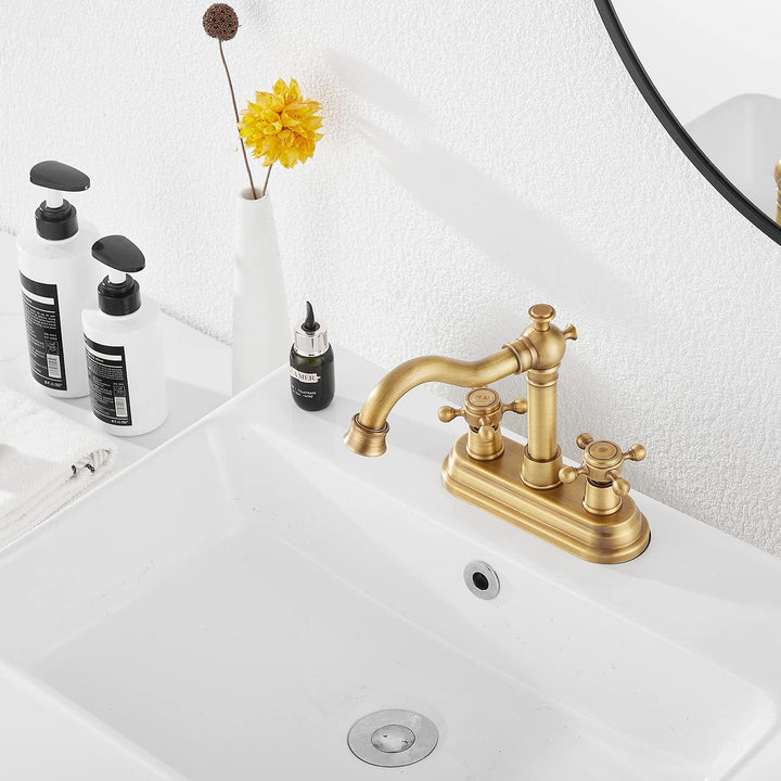 Bathroom Faucet Antique Brass GGStudy 2 Handles 4 Inches Centerset Faucet Bathroom Vanity Faucet with Drain Assembly and Supply Hose Lavatory Faucet Mixer Double Handle Tap Deck Mounted - Just Closeouts Canada Inc.