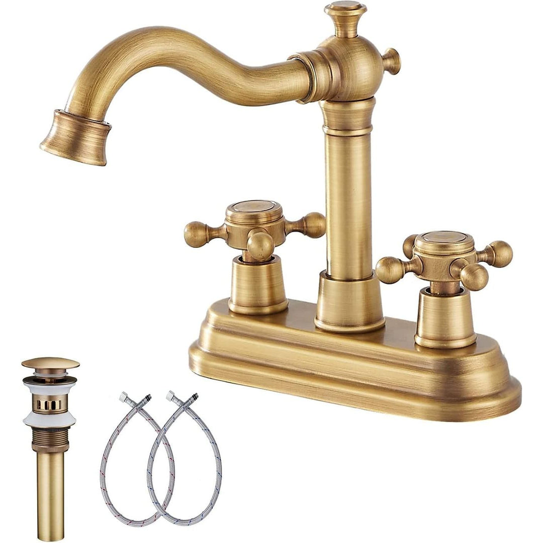 Bathroom Faucet Antique Brass GGStudy 2 Handles 4 Inches Centerset Faucet Bathroom Vanity Faucet with Drain Assembly and Supply Hose Lavatory Faucet Mixer Double Handle Tap Deck Mounted - Just Closeouts Canada Inc.