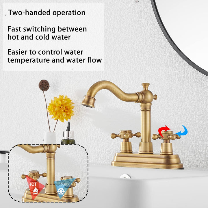 Bathroom Faucet Antique Brass GGStudy 2 Handles 4 Inches Centerset Faucet Bathroom Vanity Faucet with Drain Assembly and Supply Hose Lavatory Faucet Mixer Double Handle Tap Deck Mounted - Just Closeouts Canada Inc.
