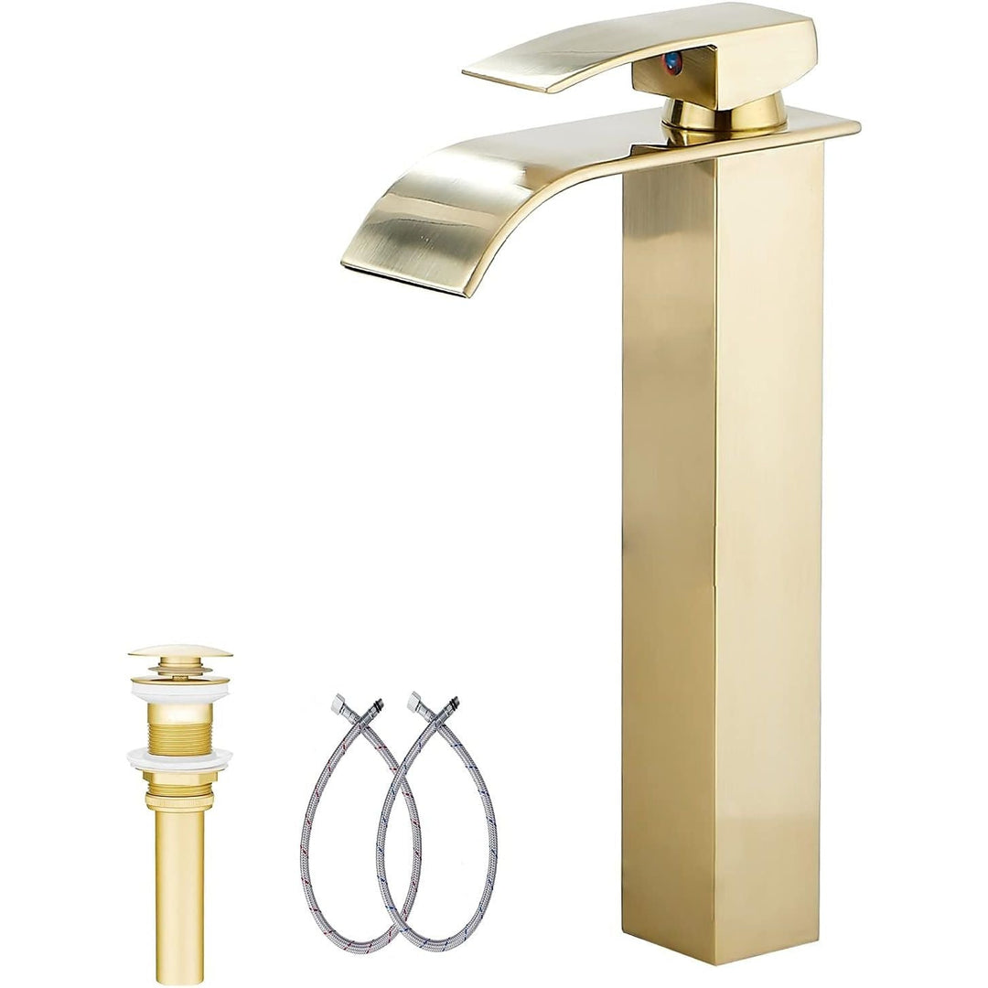 Bathroom Faucet Bruhsed Gold, Single Handle One Hole Waterfall Bathroom Vessel Sink Faucet Bathroom Vanity Faucet with Pop Up Drain Without Overflow - Just Closeouts Canada Inc.