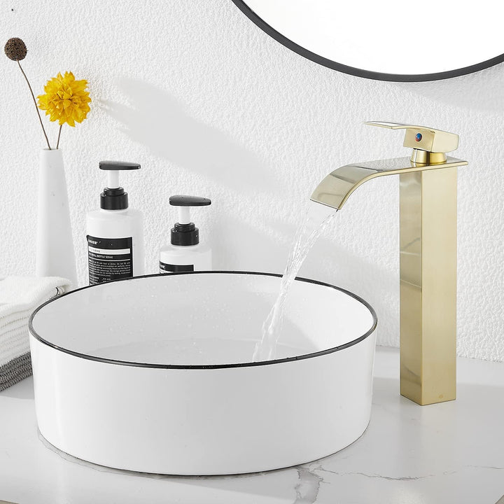 Bathroom Faucet Bruhsed Gold, Single Handle One Hole Waterfall Bathroom Vessel Sink Faucet Bathroom Vanity Faucet with Pop Up Drain Without Overflow - Just Closeouts Canada Inc.