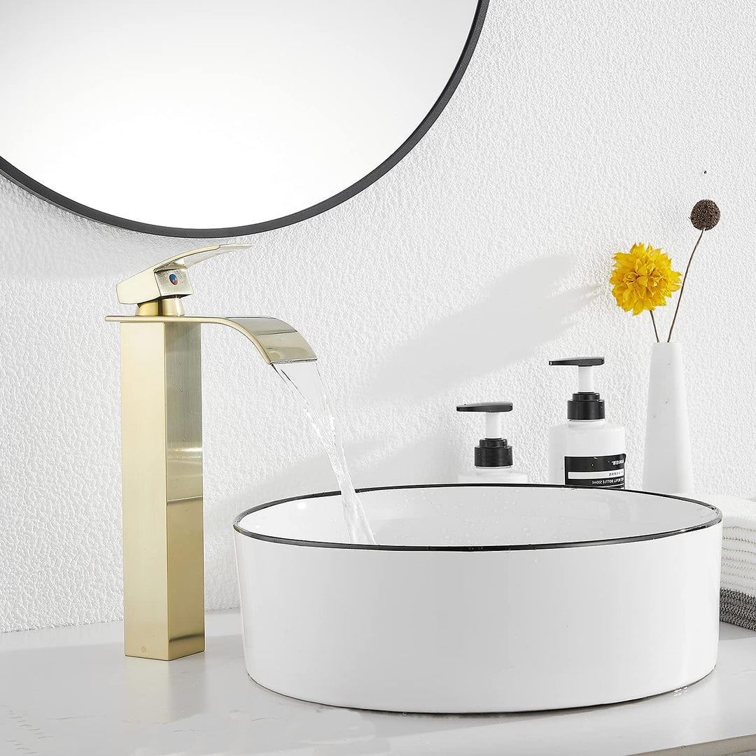 Bathroom Faucet Bruhsed Gold, Single Handle One Hole Waterfall Bathroom Vessel Sink Faucet Bathroom Vanity Faucet with Pop Up Drain Without Overflow - Just Closeouts Canada Inc.
