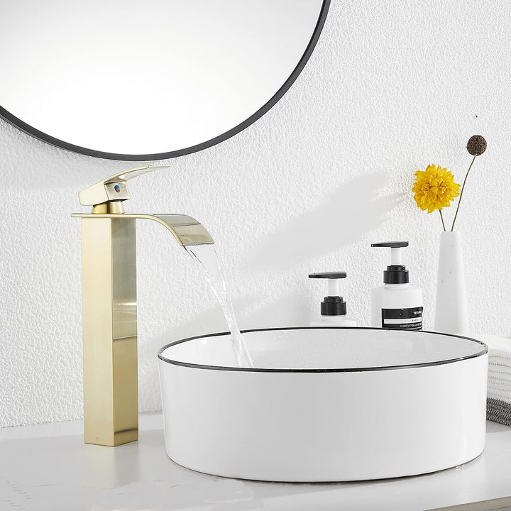 Bathroom Faucet Bruhsed Gold, Single Handle One Hole Waterfall Bathroom Vessel Sink Faucet Bathroom Vanity Faucet with Pop Up Drain Without Overflow - Just Closeouts Canada Inc.