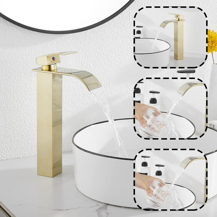 Bathroom Faucet Bruhsed Gold, Single Handle One Hole Waterfall Bathroom Vessel Sink Faucet Bathroom Vanity Faucet with Pop Up Drain Without Overflow - Just Closeouts Canada Inc.