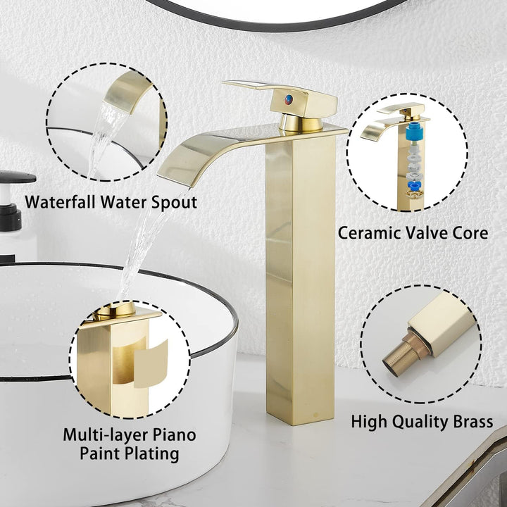 Bathroom Faucet Bruhsed Gold, Single Handle One Hole Waterfall Bathroom Vessel Sink Faucet Bathroom Vanity Faucet with Pop Up Drain Without Overflow - Just Closeouts Canada Inc.