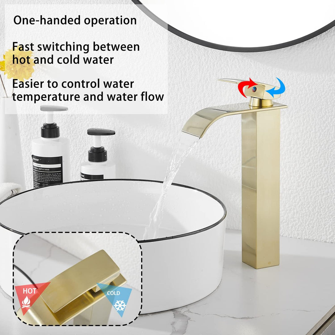 Bathroom Faucet Bruhsed Gold, Single Handle One Hole Waterfall Bathroom Vessel Sink Faucet Bathroom Vanity Faucet with Pop Up Drain Without Overflow - Just Closeouts Canada Inc.