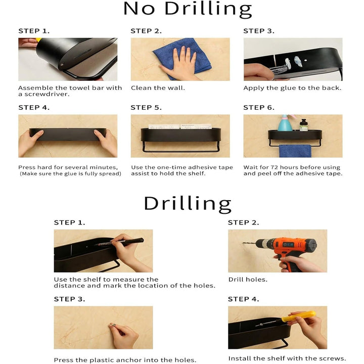 Bathroom Shelf No Drilling Shower Shelf with Towel Rail Bar Bathroom Shelves for Towels Rustproof Aluminum Shower Organizer Wall Mounted for Kitchen,Living Room (BK - 30cm) - Just Closeouts Canada Inc.