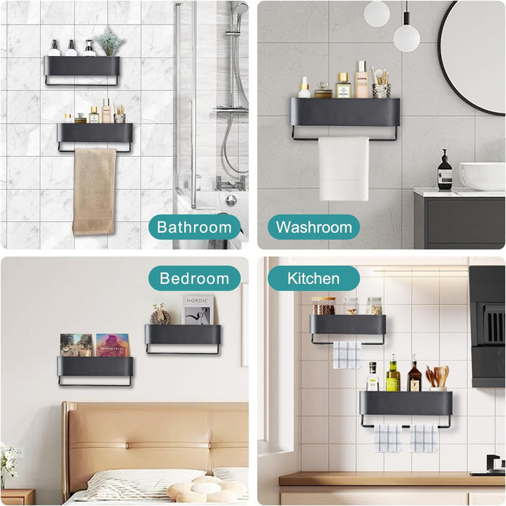 Bathroom Shelf No Drilling Shower Shelf with Towel Rail Bar Bathroom Shelves for Towels Rustproof Aluminum Shower Organizer Wall Mounted for Kitchen,Living Room (BK - 30cm) - Just Closeouts Canada Inc.
