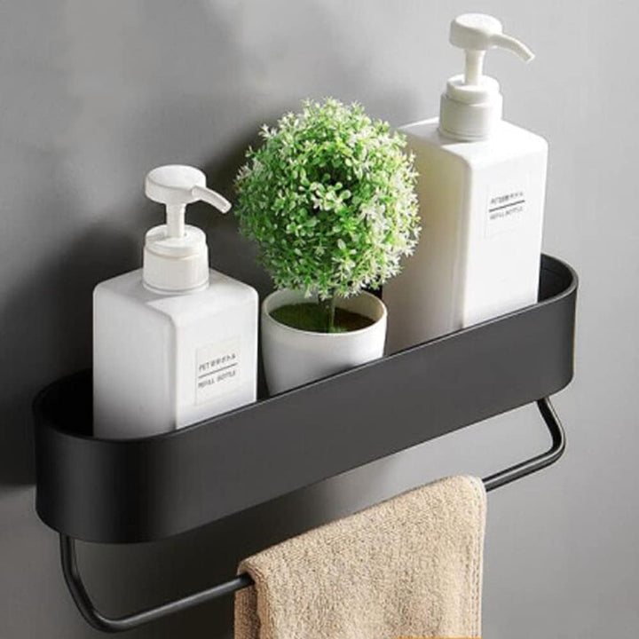 Bathroom Shelf No Drilling Shower Shelf with Towel Rail Bar Bathroom Shelves for Towels Rustproof Aluminum Shower Organizer Wall Mounted for Kitchen,Living Room (BK - 30cm) - Just Closeouts Canada Inc.
