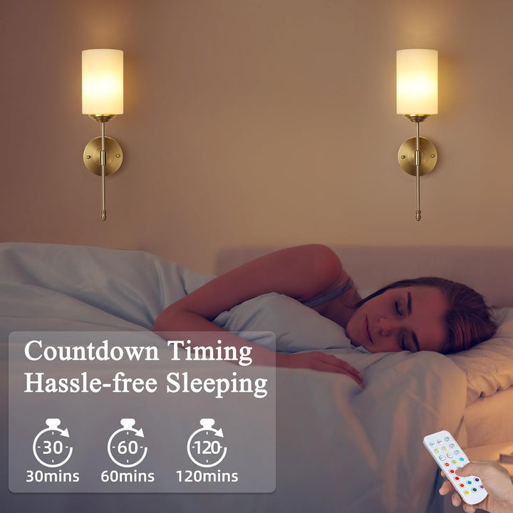 Battery Operated Wall Sconces Set of Two, Rechargeable Wireless Dimmable LED Lights with Remote Control, Modern Gold & Glass Design for Bedroom, Living Room - 2 - Pack - Just Closeouts Canada Inc.