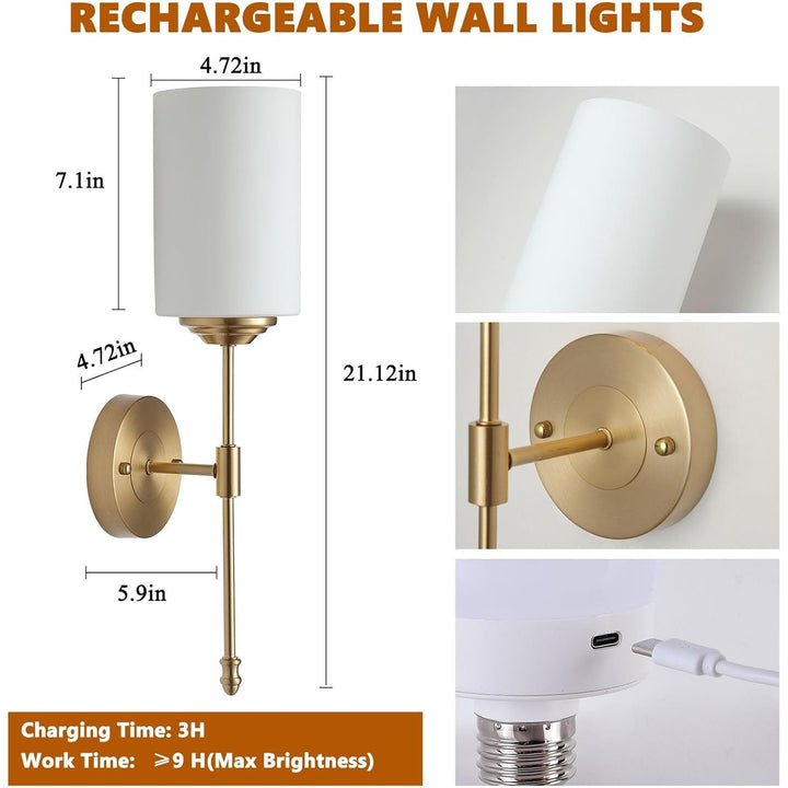 Battery Operated Wall Sconces Set of Two, Rechargeable Wireless Dimmable LED Lights with Remote Control, Modern Gold & Glass Design for Bedroom, Living Room - 2 - Pack - Just Closeouts Canada Inc.