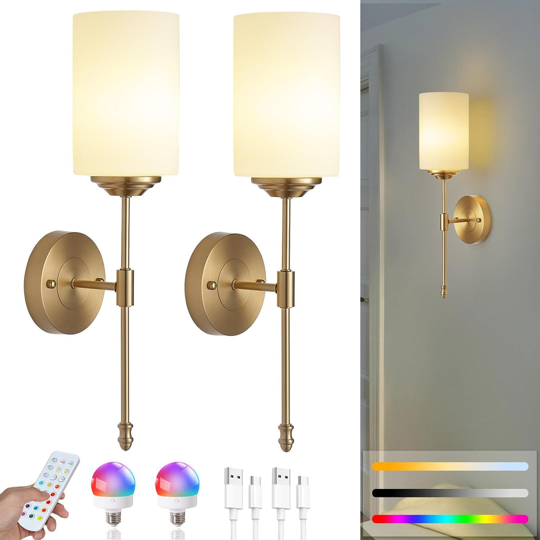 Battery Operated Wall Sconces Set of Two, Rechargeable Wireless Dimmable LED Lights with Remote Control, Modern Gold & Glass Design for Bedroom, Living Room - 2 - Pack - Just Closeouts Canada Inc.