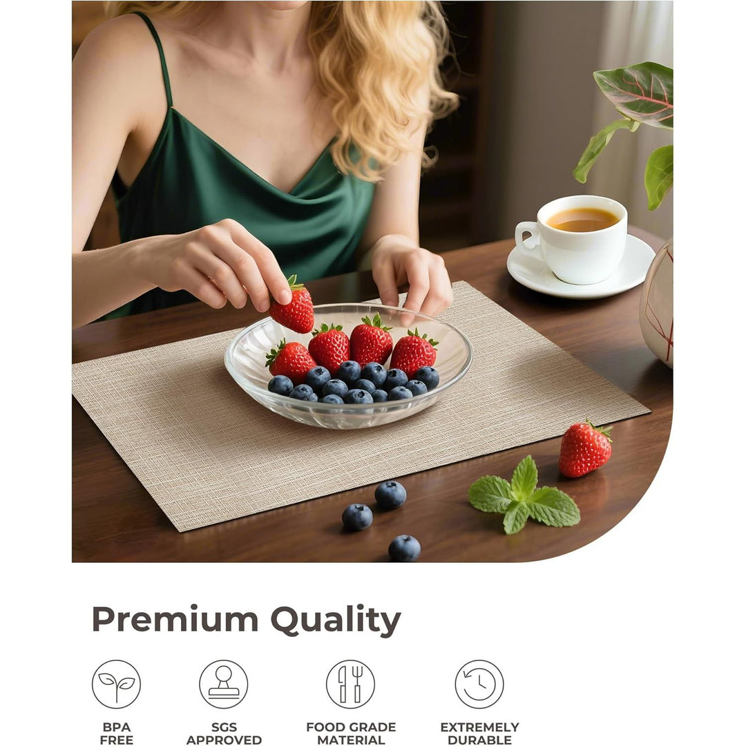 Beige Placemats Set of 12 - Heat Resistant Non - Slip Place mats for Dining Table, Washable Durable PVC Vinyl Woven Table Mats - Just Closeouts Canada Inc.
