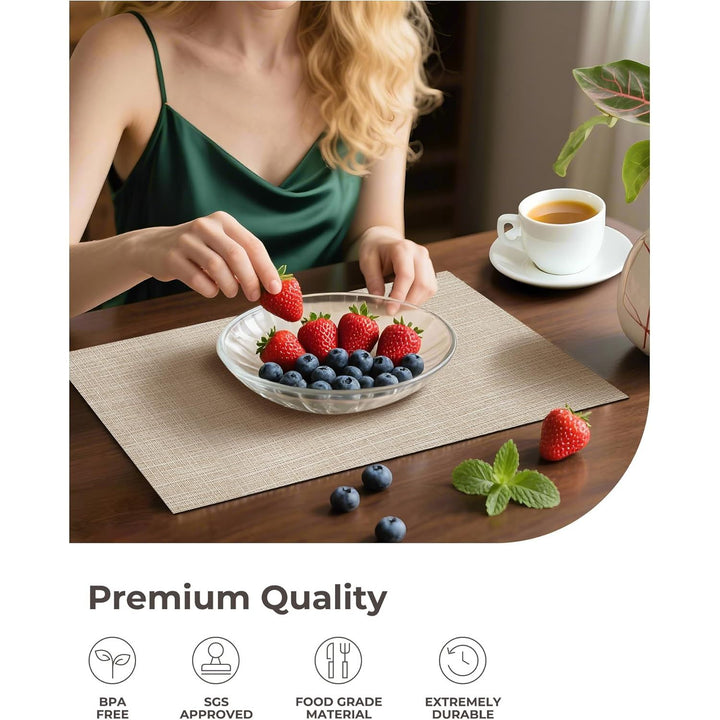 Beige Placemats Set of 12 - Heat Resistant Non - Slip Place mats for Dining Table, Washable Durable PVC Vinyl Woven Table Mats - Just Closeouts Canada Inc.