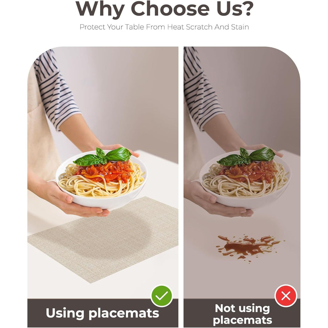 Beige Placemats Set of 12 - Heat Resistant Non - Slip Place mats for Dining Table, Washable Durable PVC Vinyl Woven Table Mats - Just Closeouts Canada Inc.