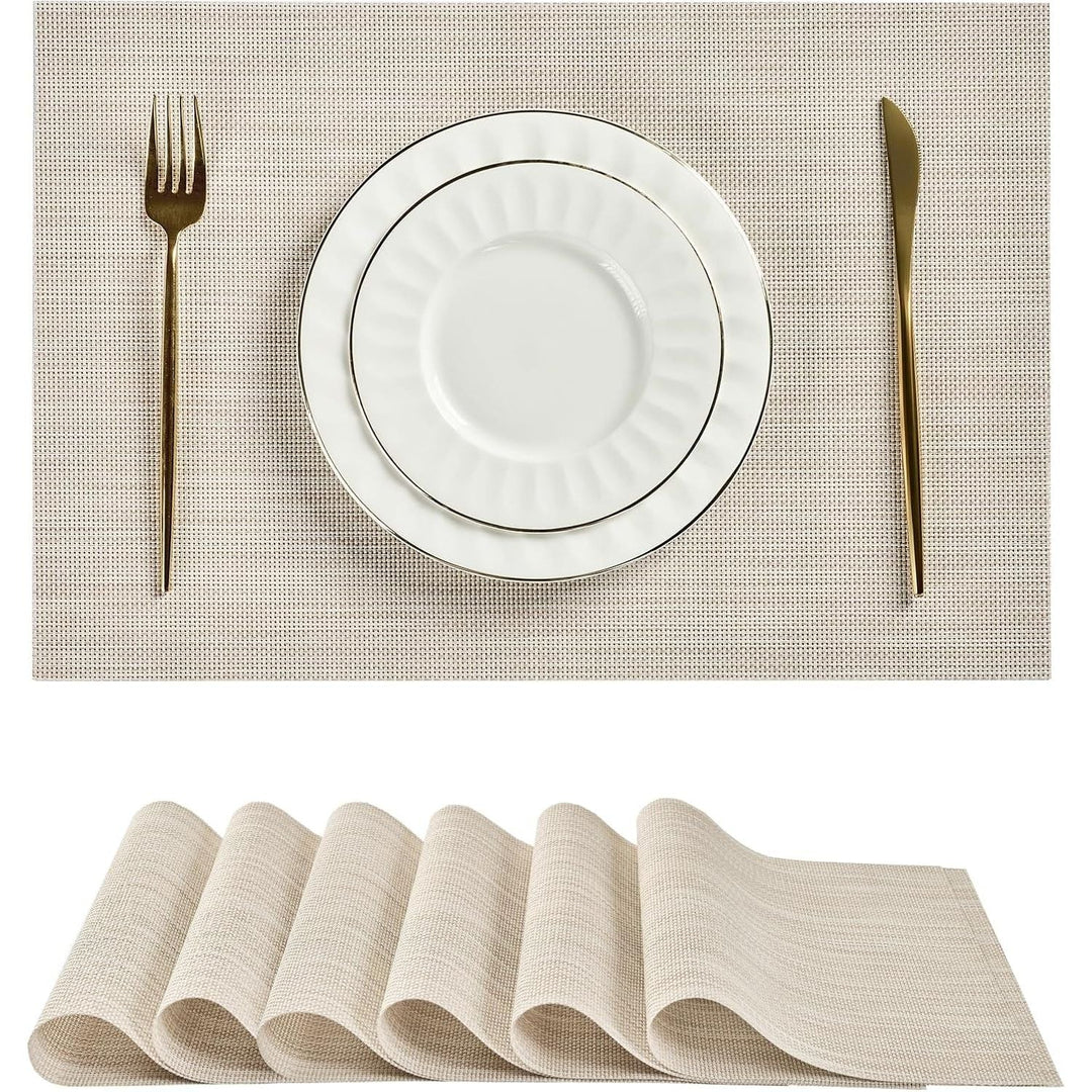 Beige White Placemats Set of 6 - Heat Resistant Non - Slip Place mats for Dining Table, Washable Durable PVC Vinyl Woven Table Mats(Beige White, 6) - Just Closeouts Canada Inc.