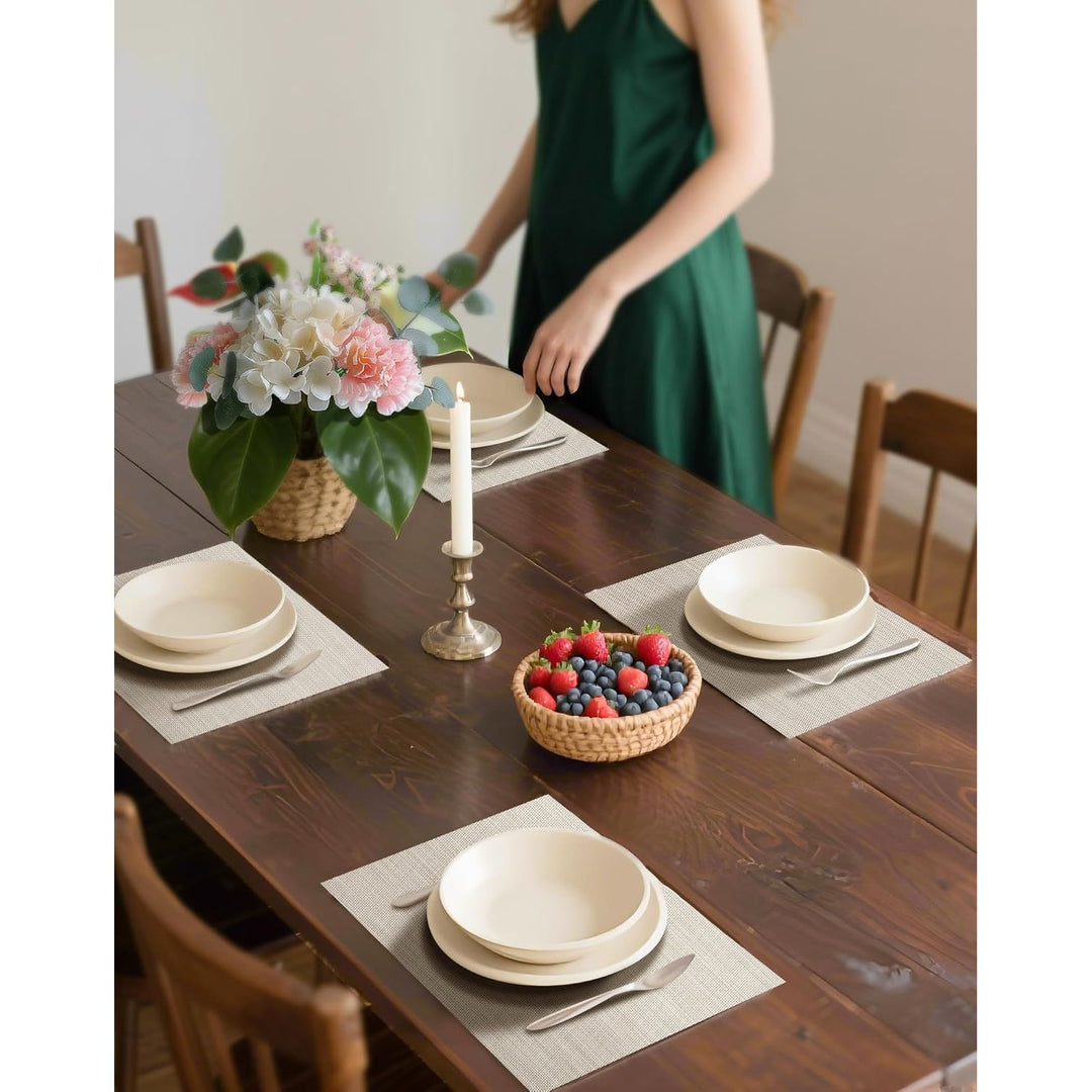 Beige White Placemats Set of 8 - Heat Resistant Non - Slip Place mats for Dining Table, Washable Durable PVC Vinyl Woven Table Mats(Beige White, 8) - Just Closeouts Canada Inc.