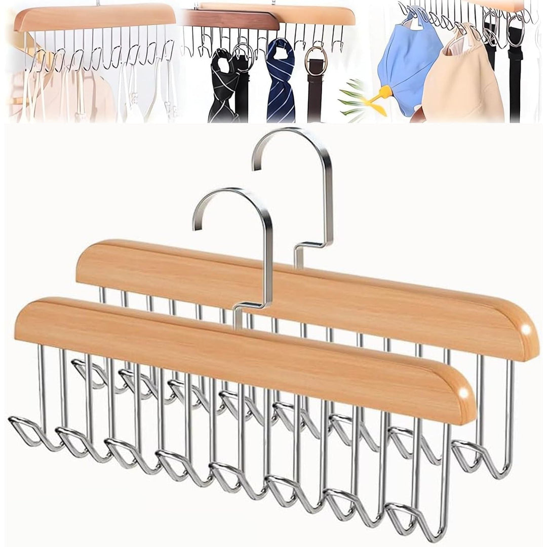 Belt Hanger, 2 Pack Anti Slip Multifunctional Coat Hanger Hooks Space Saving Hangers Tie Rack with 8 Hooks Wooden Closet Hanging Storage Organiser for Scarf Bra Ties Swimsuit - Just Closeouts Canada Inc.