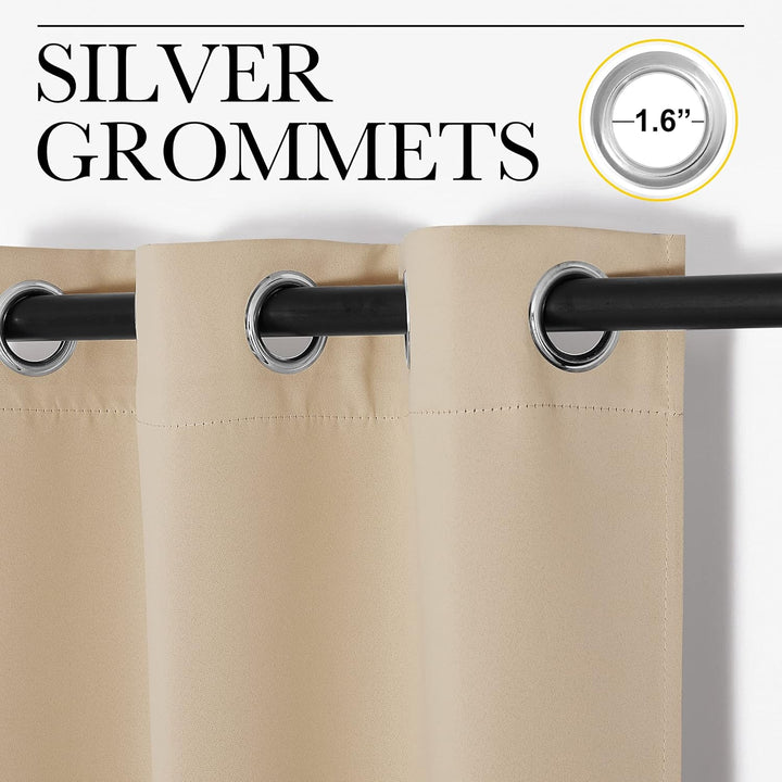Silver grommet header detail on Biscotti Beige curtain