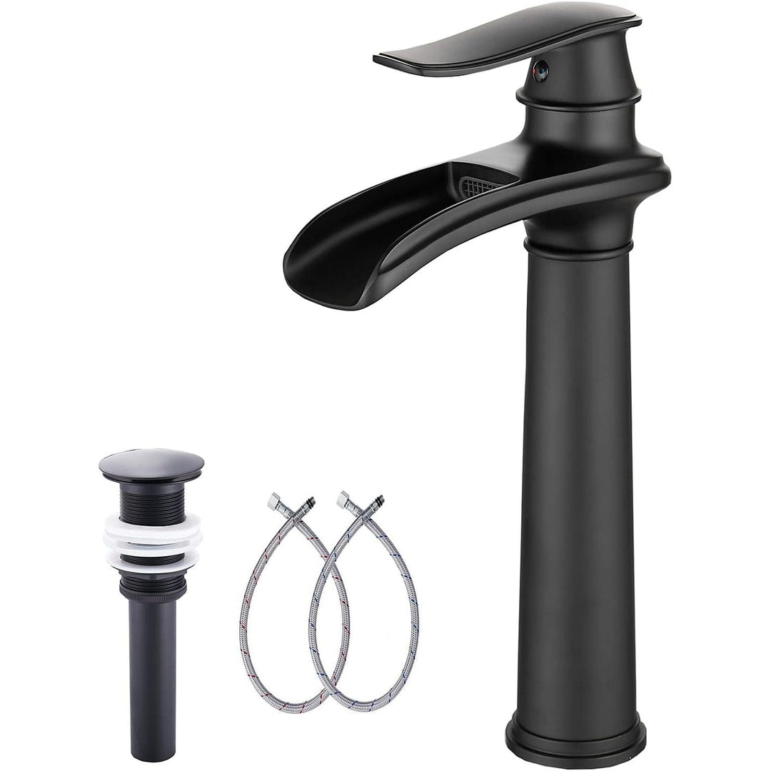 Black Bathroom Faucet GGStudy Waterfall Single Handle One Hole Farmhouse Bathroom Vessel Sink Faucet Matching Pop Up Drain - Just Closeouts Canada Inc.